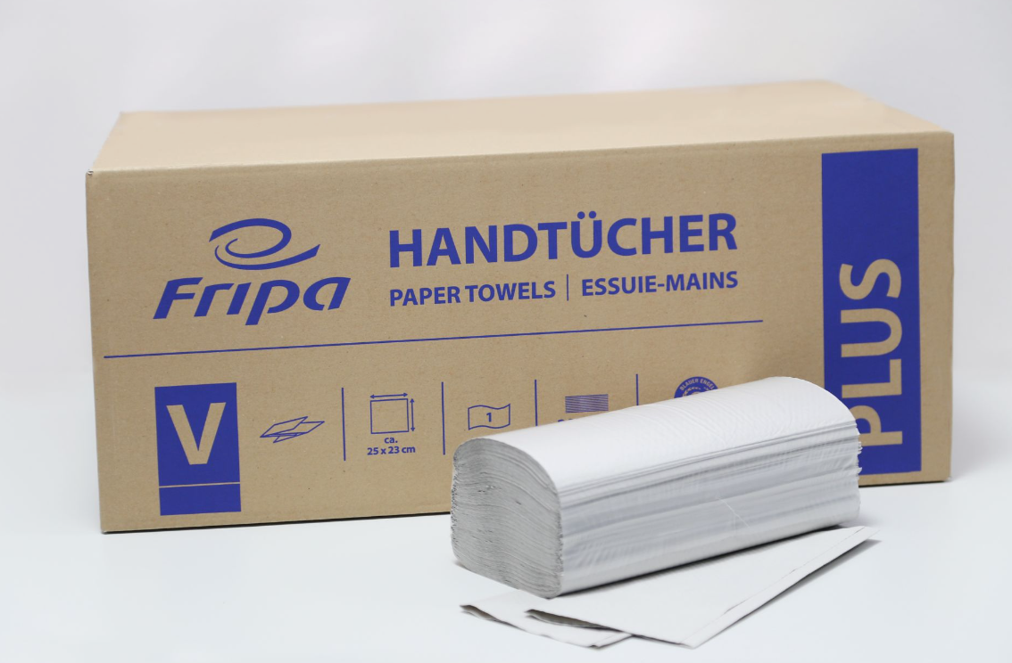 Fripa Papierhandtücher Plus 1-lagig grau V-Falz, 25 x 23 cm, Recyclingqualität, 5 - Weigola Hygienevertrieb -  - Weigola Hygienevertrieb