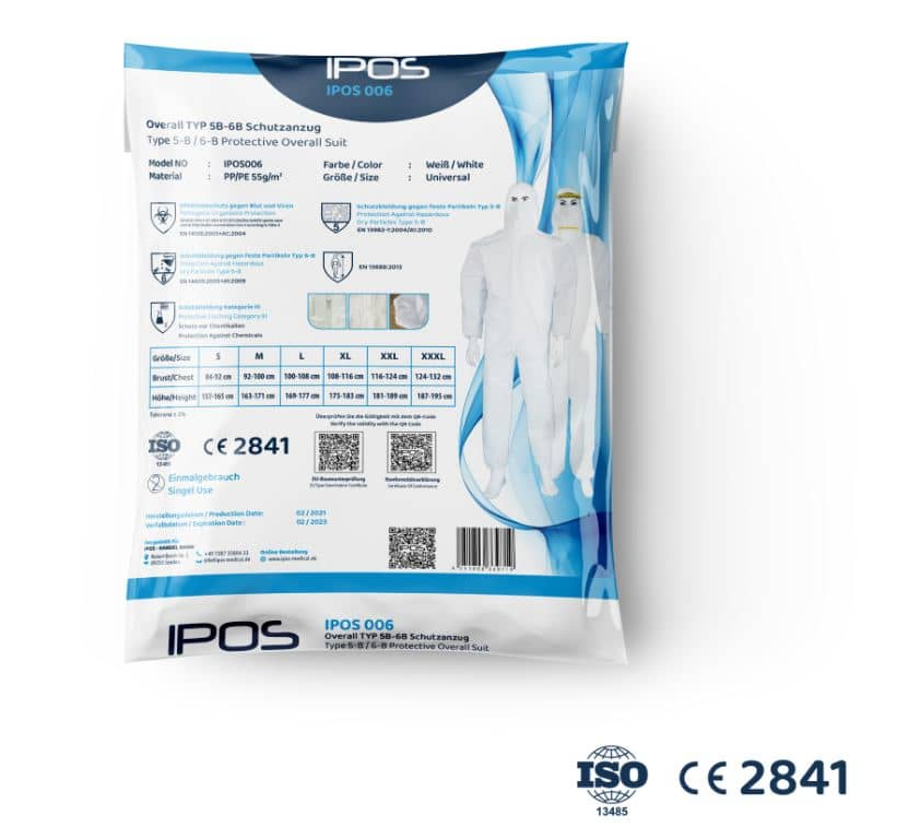 IPOS Medical Overall TYP 5B/6B Schutzanzug IPOS PP/PE - 10 Stück - Weigola Hygienevertrieb - Latex Handschuhe - Weigola Hygienevertrieb