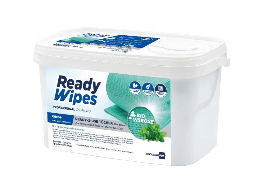 CleaningBox 5-in-1 Kompostierbare ReadyWipes Gastronomie & Küche 50er Spenderbox Grün, 30x30 cm